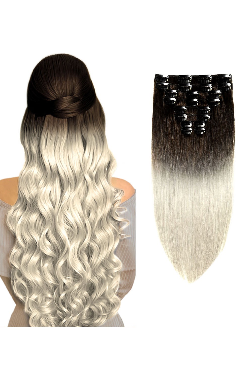 Extensii Clip On VIP Ombre 2/Platinum 50 cm 2/PLATINUM - Saten Inchis / Blond Cenusiu