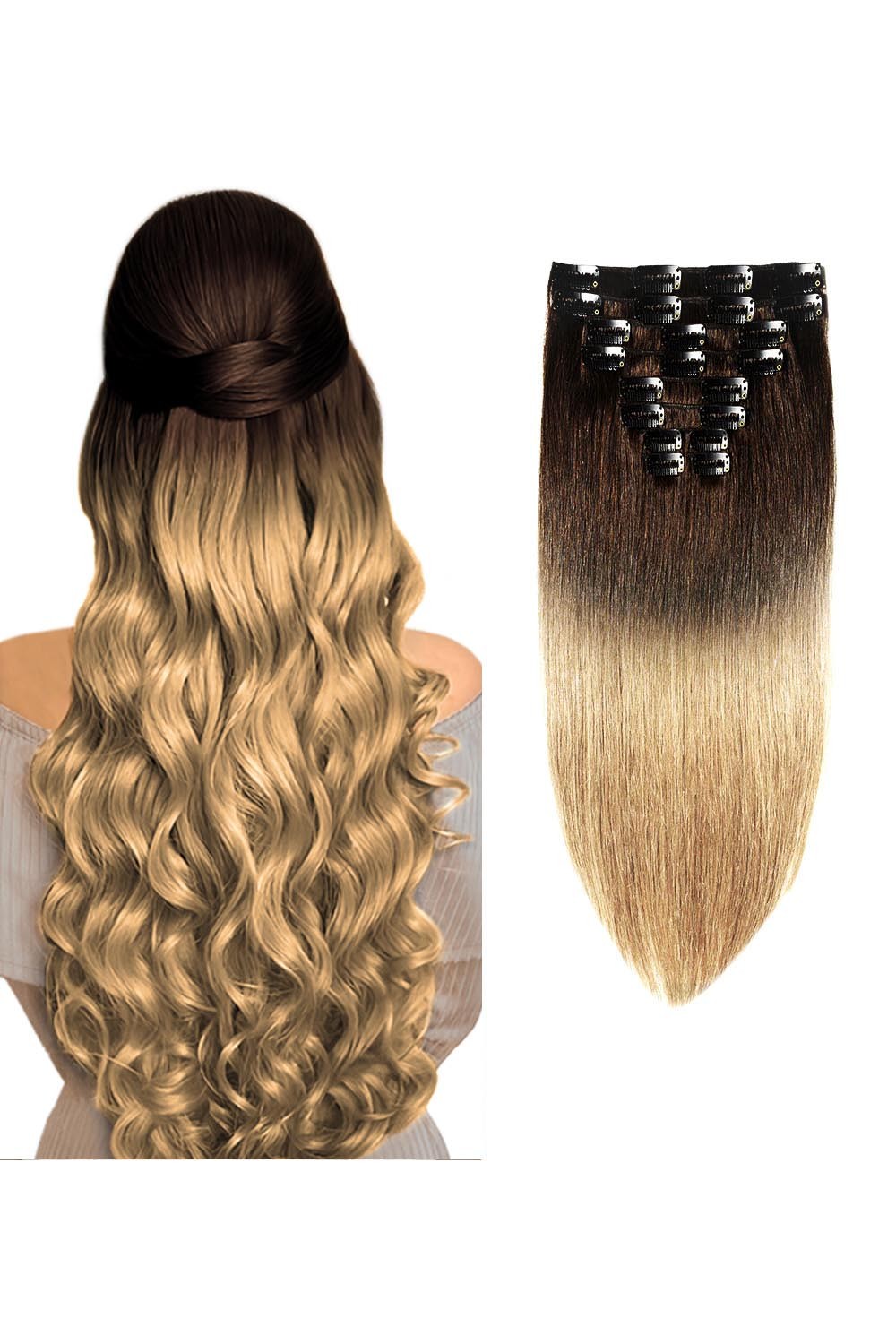 Extensii Clip On VIP Ombre 2/16 45 cm 2/16 - Saten Inchis / Blond Miere