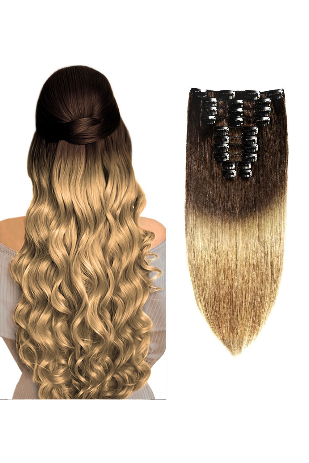 Extensii Clip On Gold Ombre 2/16 70 cm 2/16 - Saten Inchis / Blond Miere