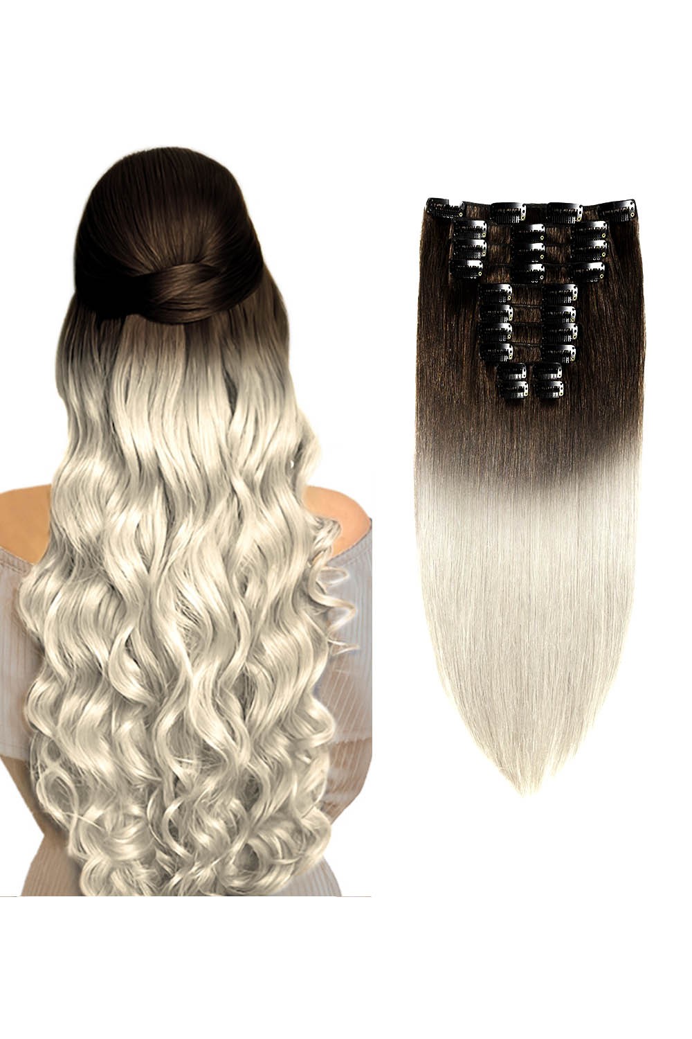 Extensii Clip On Gold Ombre 2/Platinum 70 cm 2/PLATINUM - Saten Inchis / Blond Cenusiu