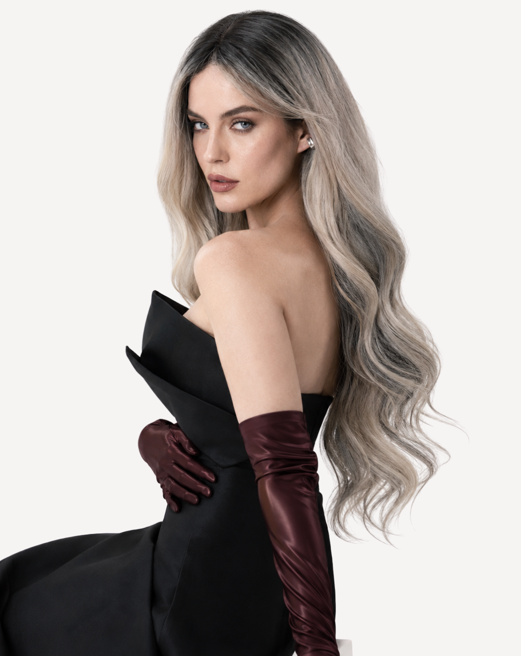 Perucă profesională Front Lace – Păr Natural, Balayage Brunet -Blond Gray , 70 cm | BuenoBia