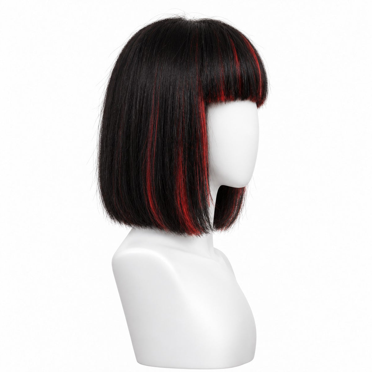 Perucă Party Negru cu Șuvițe Roșii – păr natural, din profil, pe manechin | BuenoBia