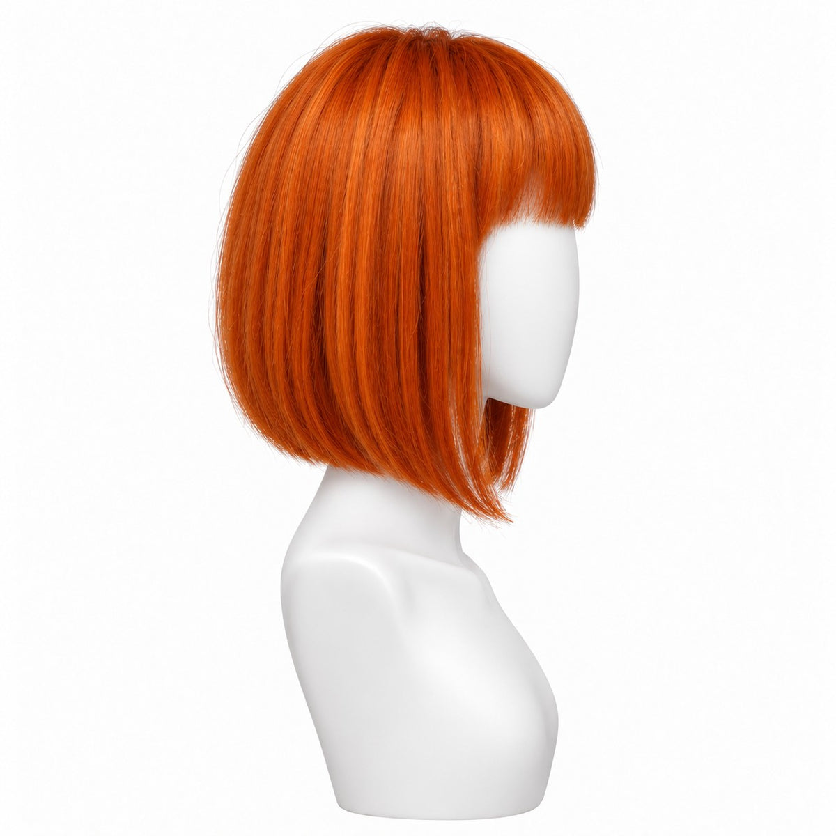 Perucă Party Arămiu Intens cu Breton – păr natural, din profil, pe manechin | BuenoBia
