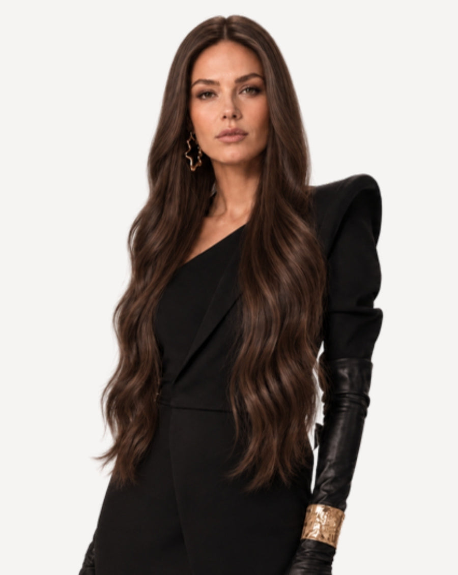 Perucă profesională Front Lace - Păr Natural, Șaten Ciocolată, 75 cm | BuenoBia