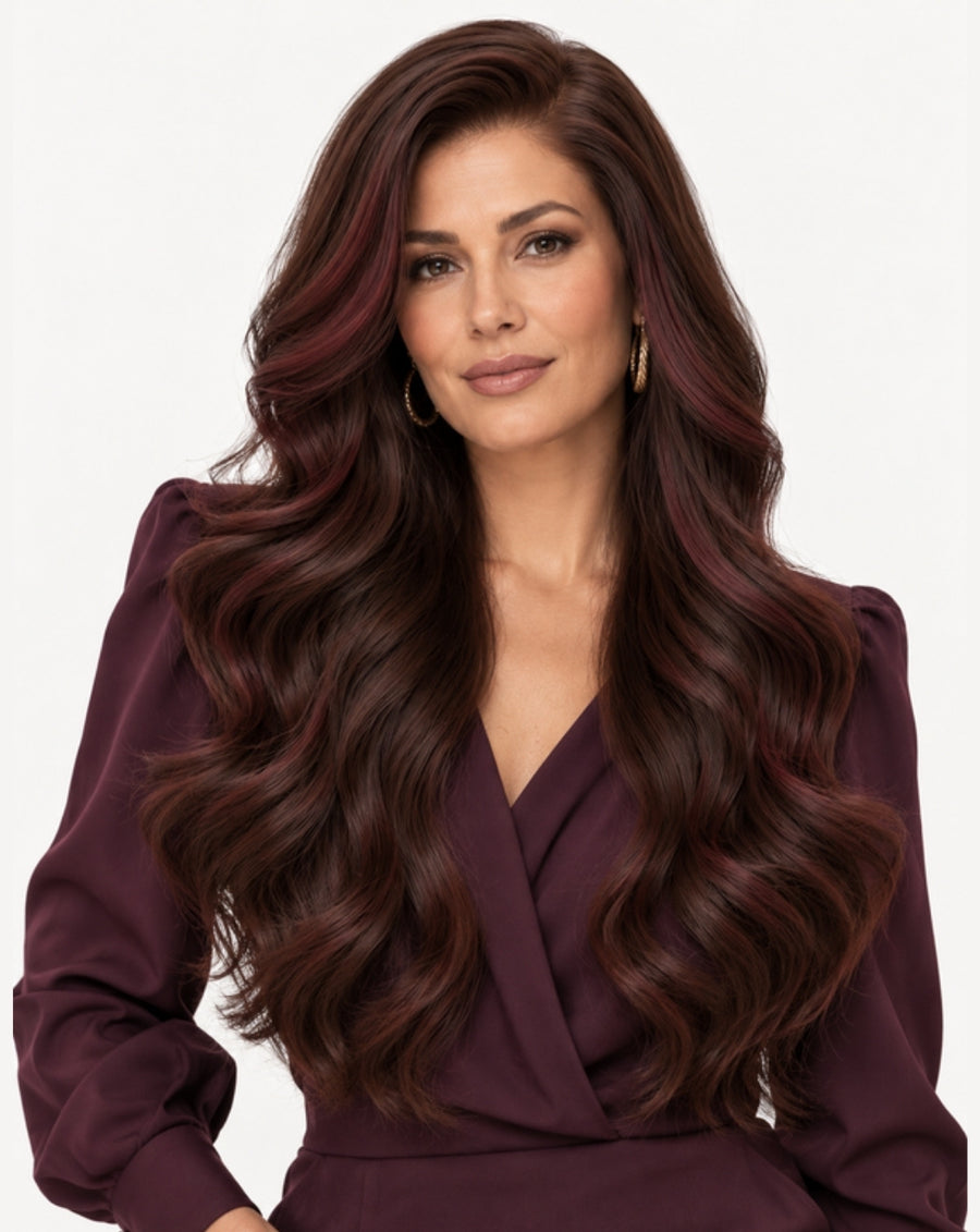 Perucă profesională Front Lace - Păr Natural, Brunet cu Reflexe Vișinii, 70 cm | BuenoBia