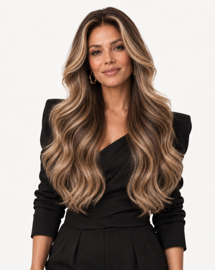 Perucă profesională Front Lace - Păr Natural, Balayage Blond cu Rădăcină Închisă, 70 cm | BuenoBia