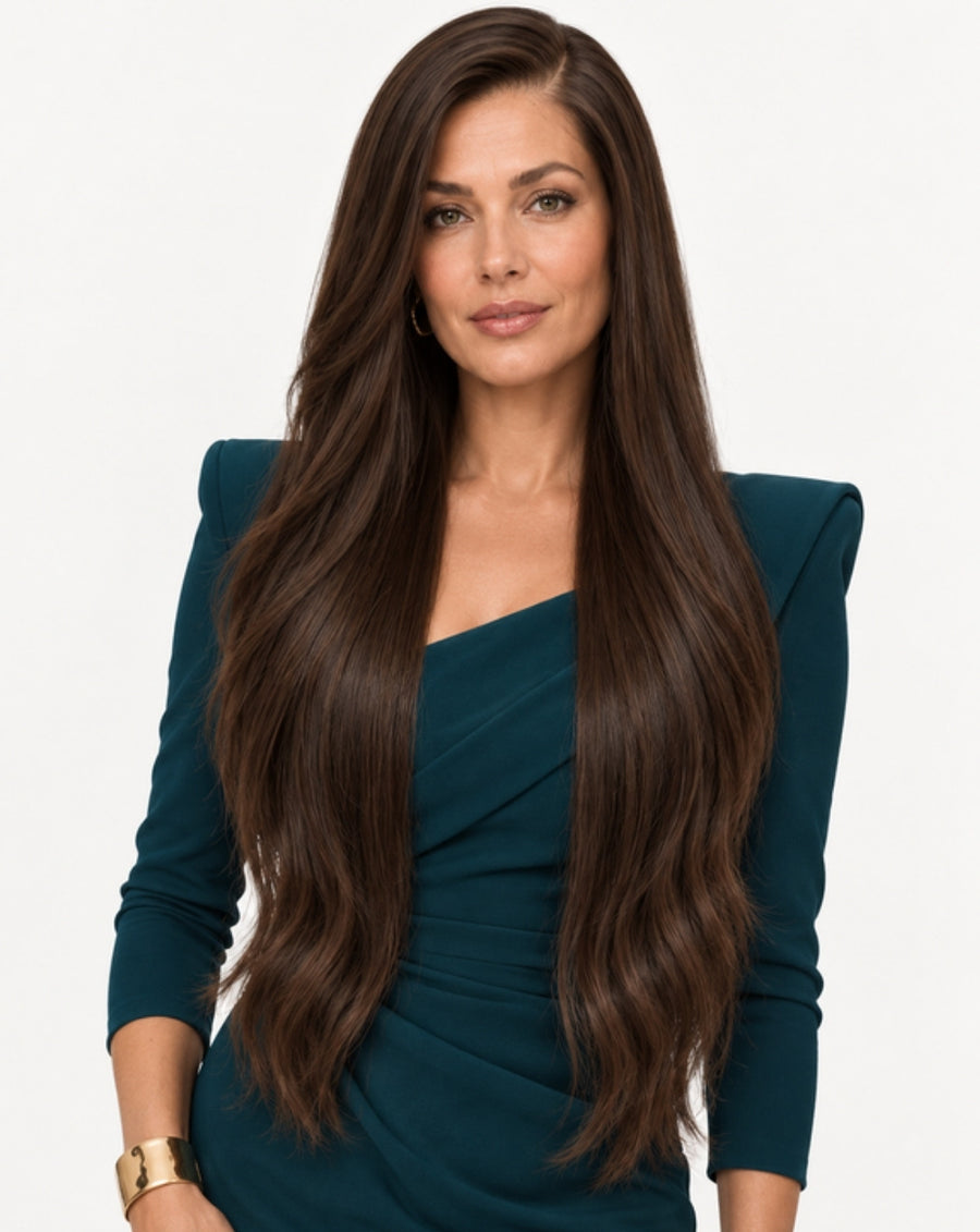 Perucă profesională Front Lace - Păr Natural, Șaten Închis, 80 cm | BuenoBia