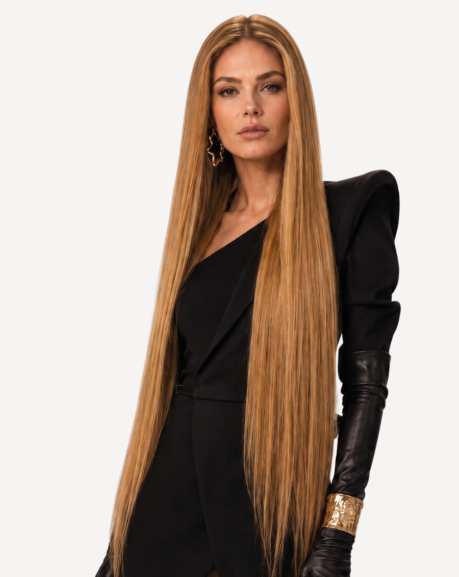 Perucă profesională Front Lace – Păr Natural, Șaten Auriu 12, 80 cm | BuenoBia