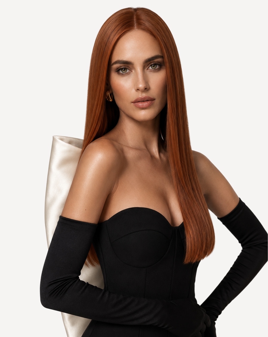 Perucă profesională Front Lace - Păr Natural, Roșcat Arămiu 30, 55 cm | BuenoBia