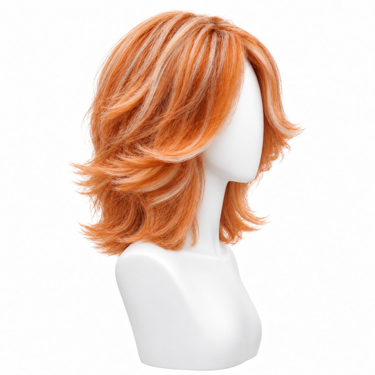 Perucă Party Arămiu Filat cu Șuvițe – păr natural, din profil, pe manechin | BuenoBia