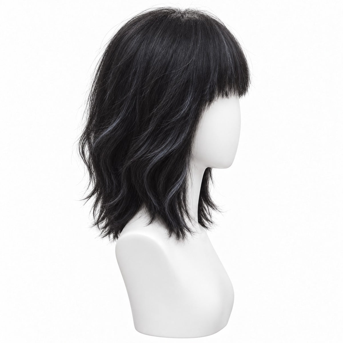 Perucă Party Negru Ondulat – păr natural, din profil, pe manechin | BuenoBia